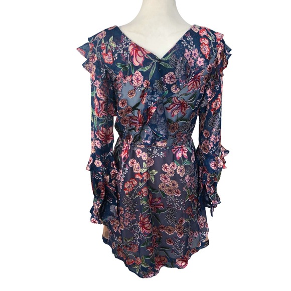 For Love And Lemons Blue Floral Romantic Feminine Silk Blend Mini Dress Sz XS - Picture 9 of 16